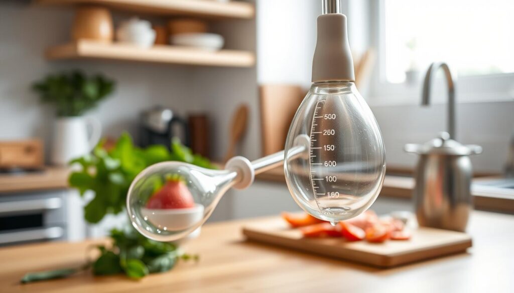 A turkey baster kitchen tool prominently displayed in a well-lit kitchen setting. The foreground focuses on the sleek, transparent bulb of the baster, demonstrating its pliability, with glistening droplets suggesting its use. A measuring scale is etched on the side, emphasizing precision. In the middle, the baster's tube connects seamlessly, showcasing its sturdy design and comfortable grip. The background consists of a neatly organized kitchen counter featuring fresh herbs and spices, enhancing the culinary atmosphere. Soft, natural light filters through a nearby window, casting gentle shadows. The angle captures the baster from a slightly elevated perspective, inviting the viewer to appreciate its functionality and design. The overall mood is inviting, informative, and focused on the versatility of this essential kitchen tool.