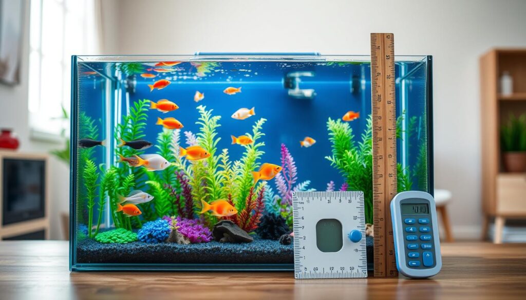 A vibrant 10-gallon aquarium showcasing various factors influencing stocking density. In the foreground, a well-maintained aquarium filled with colorful fish and aquatic plants sets the scene. The middle ground features clearly defined measurement tools, such as a ruler and a fish stocking calculator, symbolizing the science behind stocking practices. In the background, a serene room with soft, natural lighting creates an inviting atmosphere, emphasizing the importance of a healthy aquatic environment. The image should be shot from a slightly elevated angle to capture the aquarium's details while maintaining a clear focus on the tools and environment. The mood is educational and engaging, inviting viewers to ponder the complexities of fishkeeping. A vibrant 10-gallon aquarium showcasing various factors influencing stocking density. In the foreground, a well-maintained aquarium filled with colorful fish and aquatic plants sets the scene. The middle ground features clearly defined measurement tools, such as a ruler and a fish stocking calculator, symbolizing the science behind stocking practices. In the background, a serene room with soft, natural lighting creates an inviting atmosphere, emphasizing the importance of a healthy aquatic environment. The image should be shot from a slightly elevated angle to capture the aquarium's details while maintaining a clear focus on the tools and environment. The mood is educational and engaging, inviting viewers to ponder the complexities of fishkeeping.