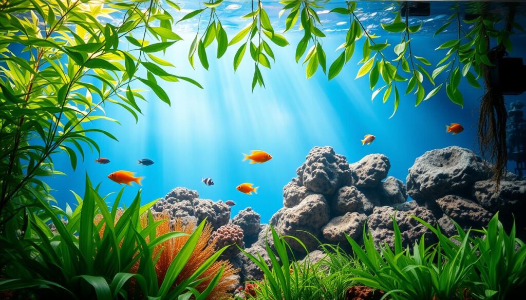 A vibrant and realistic aquarium backdrop featuring a stunning underwater scene. In the foreground, lush aquatic plants sway gently with soft currents, creating an inviting environment. The middle ground showcases a variety of colorful fish swimming through coral formations, while intricately textured rocks add depth and interest. In the background, a gradient of soothing blue hues mimics the ocean's depths, with subtle light rays penetrating through the surface, casting a serene glow on the scene. Use bright, natural lighting to enhance the vivid colors and textures, and employ a wide-angle lens to convey a sense of depth and spaciousness, making the small tank appear larger. The atmosphere should evoke tranquility and the wonder of underwater life.