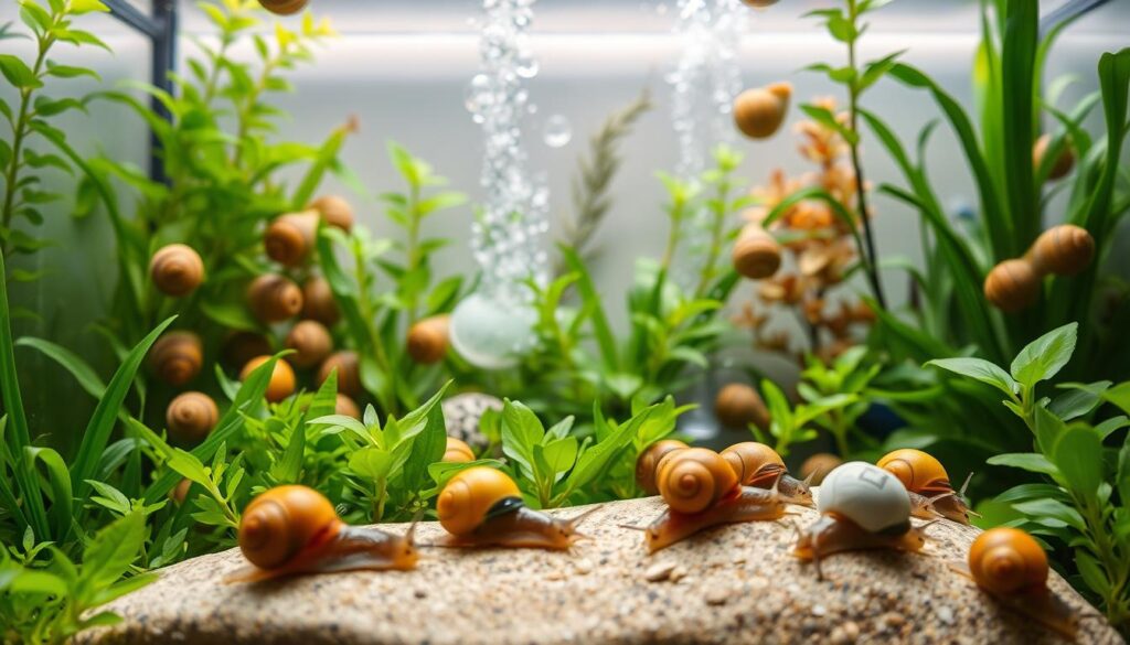 A vibrant and well-maintained small planted aquarium teeming with various types of snails, such as apple snails and mystery snails, actively roaming among lush green aquatic plants. In the foreground, a close-up view showcases several colorful snails on a smooth pebble, highlighting their textures and patterns. The middle ground features a variety of aquatic plants, creating a natural habitat, with bubbles rising from a gentle air stone. In the background, soft lighting casts a serene ambiance, accentuating the water's clarity and the intricate details of the aquarium setup. The overall atmosphere is calm and educational, reflecting the complexity of managing snail populations in aquariums, while providing a sense of harmony in the aquatic environment.