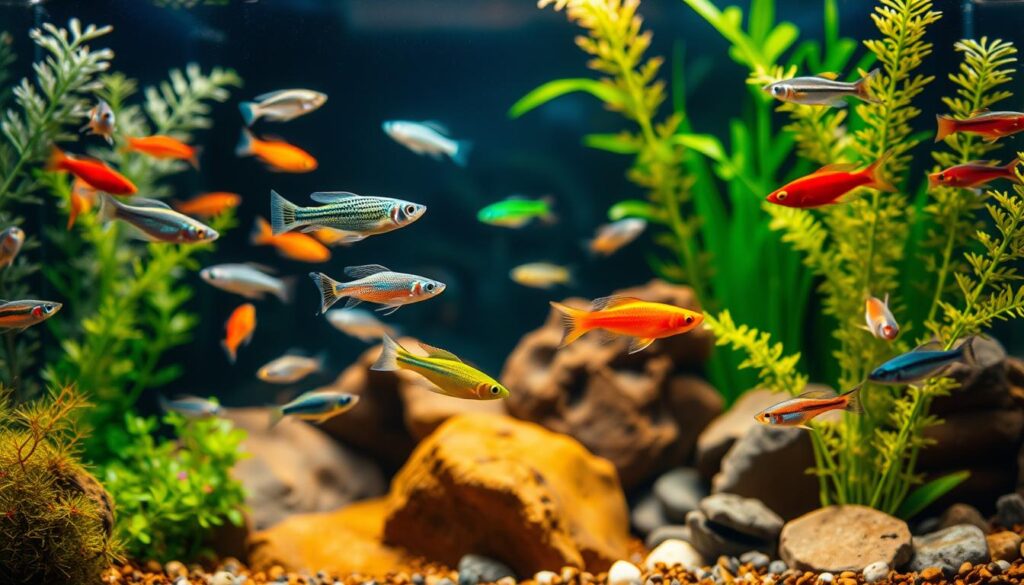 A vibrant aquarium scene featuring a diverse array of nano fish species suited for hard water, such as neon tetras, endlers, and guppies, gracefully swimming among lush aquatic plants like Java moss and Anubias. In the foreground, detail the shimmering scales of the nano fish, showcasing their unique colors and patterns under subtle, warm lighting. The middle ground reveals a variety of textured rocks and driftwood, providing natural hiding spots, while the background is softly blurred to enhance the focus on the lively fish. Capture the scene with a wide-angle lens to emphasize depth, creating a serene, inviting atmosphere that reflects the joy of nano fish keeping. The overall mood is calming and vibrant, highlighting the beauty of these aquarium inhabitants in a well-maintained habitat.