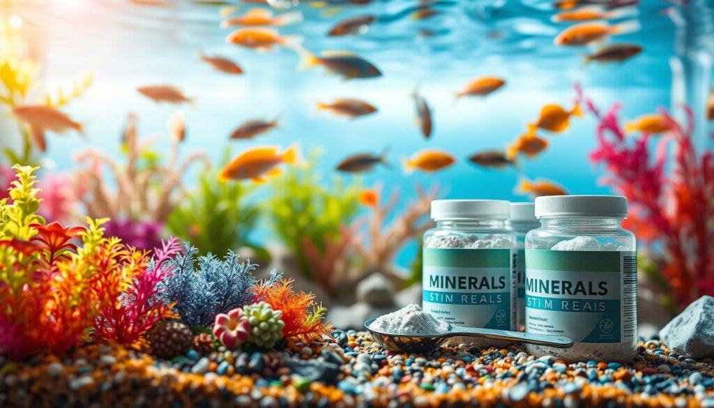 A vibrant aquarium scene illustrating the concept of replenishing minerals. In the foreground, a close-up of colorful aquarium plants and substrates is featured, with mineral supplements displayed attractively alongside a small measuring spoon. The middle ground showcases an aquarium filled with crystal-clear water, where various fish species swim gracefully, highlighting the importance of a balanced ecosystem. In the background, soft light filters in through the water surface, creating a serene ambiance with gentle ripples. Use soft, natural lighting to enhance the colors and textures, and employ a slight depth of field to draw focus to the foreground. The overall atmosphere is calm and educational, conveying the significance of mineral replenishment in maintaining aquatic health.