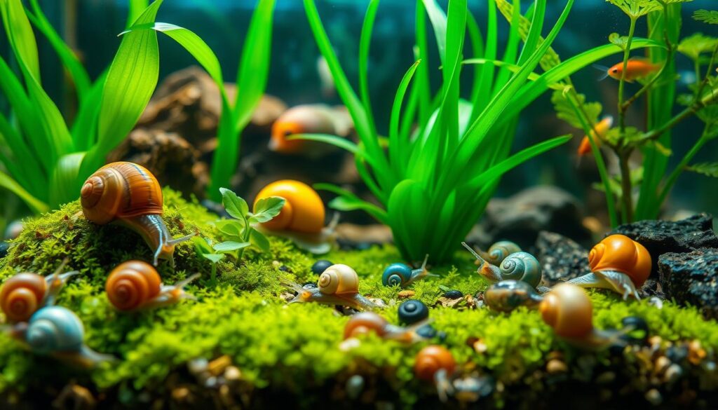 A vibrant aquarium scene showcasing a diverse nano ecosystem featuring various colorful freshwater snails actively interacting with aquatic plants and substrate. In the foreground, highlight different types of snails, such as Nerite and Mystery snails, grazing on algae-covered surfaces and leaves. In the middle ground, showcase lush green plants swaying gently, with fine detail on their leaves and roots. In the background, a soft focus on other tank inhabitants like small fish gliding through the water, enhancing the sense of a thriving ecosystem. Use natural lighting to create a warm and inviting atmosphere, with soft reflections dancing across the water's surface. The composition should evoke a peaceful and harmonious environment, emphasizing the role of snails as beneficial tank members.