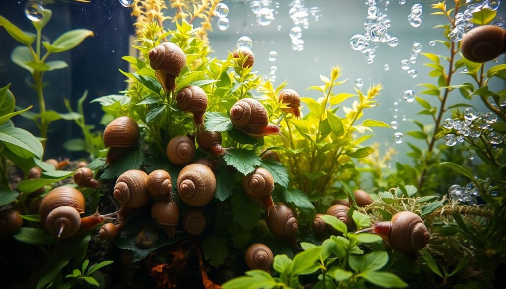 A vibrant aquarium scene showcasing signs of snail overpopulation. In the foreground, several snails of various sizes, including adult and juvenile, are clustered on the aquarium glass and plants, their shells displaying distinctive textures and colors. The middle layer features lush, dense aquatic plants, with some leaves being munched on by the snails, and algae visibly coating certain areas of the tank. The background includes soft, diffused lighting creating a calming atmosphere, with bubbles rising gently to the water’s surface. An underwater angle accentuates the activity of the snails, and the overall mood reflects a sense of nature's balance tipping towards overabundance. The image should evoke curiosity while clearly illustrating the signs of snail overpopulation in a planted aquarium.