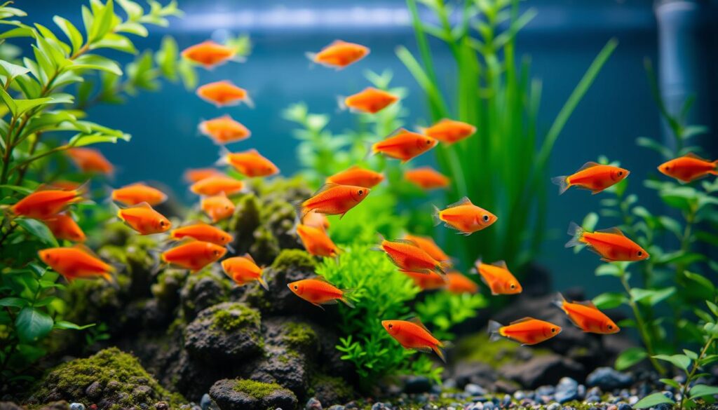 A vibrant aquascape featuring a school of Micro Rasboras gracefully swimming among lush aquatic plants in a well-maintained planted tank. In the foreground, the small, colorful fish exhibit their natural iridescent scales, showcasing hues of orange and red, contrasting with the green foliage. The middle ground reveals various types of aquatic plants, such as Java moss and Anubias, providing a natural habitat. The background features soft, diffused lighting filtering through the water, creating a serene and tranquil atmosphere, reminiscent of a peaceful underwater ecosystem. Capture this scene with a macro lens perspective to emphasize the details of the fish and plants, offering a glimpse into the charm of these tiny schooling fish. A vibrant aquascape featuring a school of Micro Rasboras gracefully swimming among lush aquatic plants in a well-maintained planted tank. In the foreground, the small, colorful fish exhibit their natural iridescent scales, showcasing hues of orange and red, contrasting with the green foliage. The middle ground reveals various types of aquatic plants, such as Java moss and Anubias, providing a natural habitat. The background features soft, diffused lighting filtering through the water, creating a serene and tranquil atmosphere, reminiscent of a peaceful underwater ecosystem. Capture this scene with a macro lens perspective to emphasize the details of the fish and plants, offering a glimpse into the charm of these tiny schooling fish.
