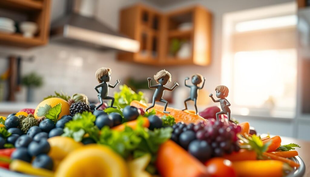 A vibrant display showcasing the nutritional benefits of natural foods designed for nano inhabitants. In the foreground, a beautifully arranged platter of colorful fruits and vegetables, such as blueberries, carrots, and leafy greens, represents essential nutrients. The middle ground features miniature, anthropomorphic nano inhabitants, energetically interacting with the foods, illustrating their nutritional needs. The background is a soft-focus kitchen setting filled with sunlight streaming through a window, casting warm, inviting light to enhance the scene. The atmosphere is lively and optimistic, emphasizing health and vitality. The composition is captured with a slight depth of field, focusing on the food and nano inhabitants, while the bokeh effect in the background adds a whimsical touch.