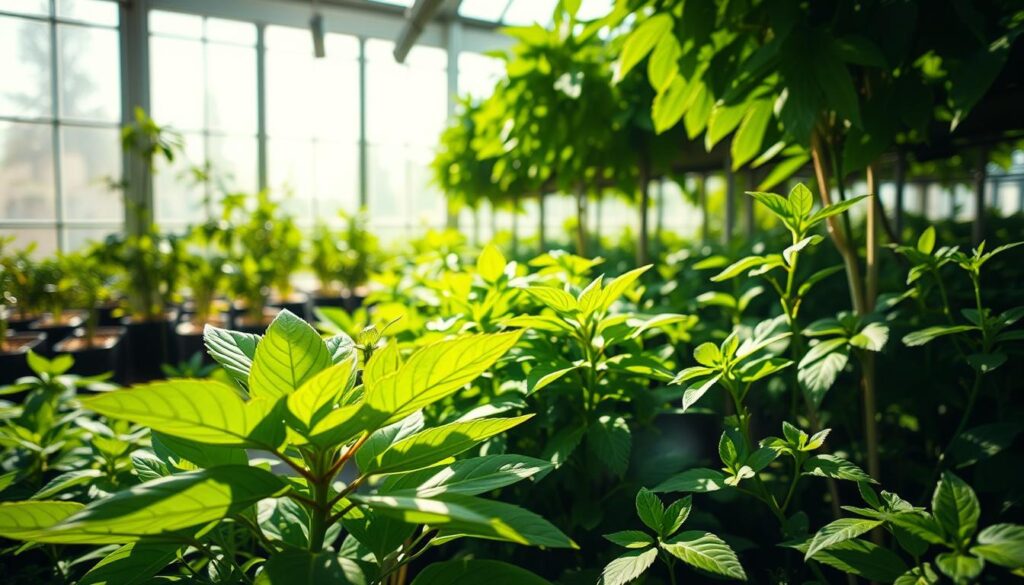 A vibrant indoor greenhouse filled with lush green plants showcasing different stages of growth under varying light conditions. In the foreground, a close-up view of a healthy plant with broad leaves, soaking in bright sunlight, illustrating the concept of photoperiodism. The middle layer features an array of plants, some in bright light, others in shade, to highlight the effects of different light durations. The background shows a clear window letting in soft, natural sunlight, casting gentle shadows across the scene. The atmosphere is tranquil and educational, inviting curiosity about plant growth cycles. Use soft, natural lighting for a warm, organic feel, with a depth of field that emphasizes the plants while subtly blurring the background, creating a sense of focus.