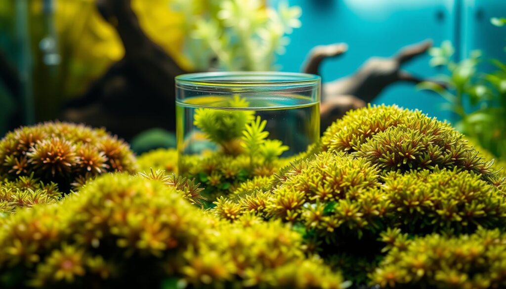 A vibrant layout showcasing a selection of the best moss types for nano tanks. In the foreground, focus on lush, green patches of various aquatic moss species, such as Christmas moss, Java moss, and weeping moss, artistically arranged to mimic a natural carpet. The middle ground features a small, well-maintained nano tank filled with clear water, softly illuminated by gentle, natural light from a nearby source, highlighting the textures of the moss and the tiny aquatic life. The background displays blurred aquatic plants and subtle hints of driftwood to create depth, evoking a tranquil underwater environment. The overall mood is serene and inviting, capturing the essence of a well-designed nano aquarium. The image should have a warm color palette and be taken from a slightly elevated angle to emphasize the moss's layout and details.