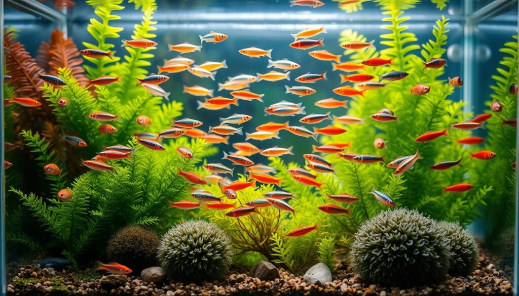 A vibrant nano aquarium filled with small schooling fish, such as neon tetras and guppies, gracefully moving in unison, showcasing their natural behavior. The foreground features detailed aquatic plants, like java ferns and moss balls, providing hiding spots and creating a lush habitat. In the middle, the fish are seen darting around in synchronized patterns, their iridescent colors shimmering under soft, diffused lighting that simulates a natural underwater glow. The background shows a clear glass back wall with subtle reflections, emphasizing the sense of depth. The overall mood is serene and harmonious, capturing the essence of schooling behavior in a confined environment, with a focus on the beauty and dynamics of aquatic life.