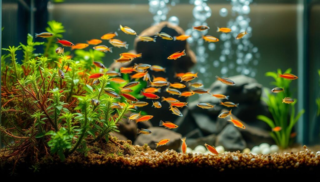 A vibrant nano aquarium teeming with small, colorful fish schooling harmoniously together, showcasing their natural behavior. In the foreground, clusters of delicate aquatic plants sway gently, adding greenery. The middle ground features a variety of tiny fish, such as neon tetras and cherry shrimp, darting in synchronized movements, their scales glinting in the soft, diffused lighting. The background reveals a softly blurred view of the aquarium's decorative rocks and subtle bubbles rising to the surface, creating a serene atmosphere. The lighting is natural and warm, evoking a sense of tranquility. The composition is shot from a slightly elevated angle, emphasizing the dynamic movement of fish and the lush aquatic environment, encapsulating the essence of a thriving small aquarium ecosystem.