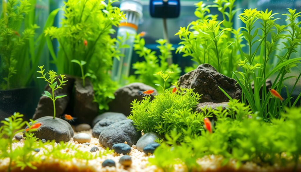A vibrant nano tank environment showcasing a thriving miniature ecosystem. In the foreground, delicate aquatic plants like Java moss and Dwarf Hairgrass flourish, providing a lush green backdrop. Tiny, colorful shrimp and miniature fish dart among the plants, adding life and movement. The middle ground features a well-placed nano filter and soft substrate, while small decorative rocks create a natural habitat. The background elements include a faint glimpse of filtration tubes and soft lighting enhancing the scene's tranquility. Bright, diffused light mimics sunlight filtering through water, creating a serene ambiance. Capture the scene from an eye-level angle that immerses the viewer into the nano tank's underwater world. The overall mood should be peaceful and inviting, highlighting the beauty of a balanced aquatic ecosystem.