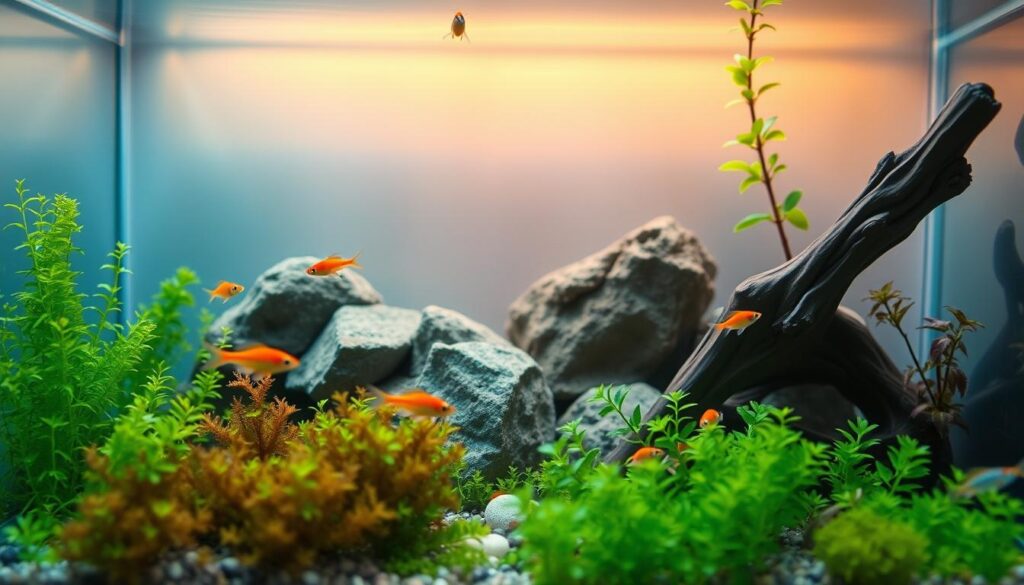 A vibrant, serene nano aquarium set in a softly lit environment, showcasing a community of colorful nano fish thriving in slightly acidic, soft water conditions. In the foreground, tiny neon tetra and cherry shrimp swim among lush aquatic plants like java moss and crypts, adding vibrancy and life. The middle ground features delicate rock formations and driftwood, providing hiding spots for the fish. The background is a gentle gradient of soft blues and greens, reflecting the tranquility of the aquarium environment. The lighting is warm and diffused, casting subtle reflections on the water surface. Captured from a slightly elevated angle, this image conveys a peaceful, natural atmosphere ideal for an aquatic habitat, emphasizing the beauty and diversity of suitable fish for soft water.