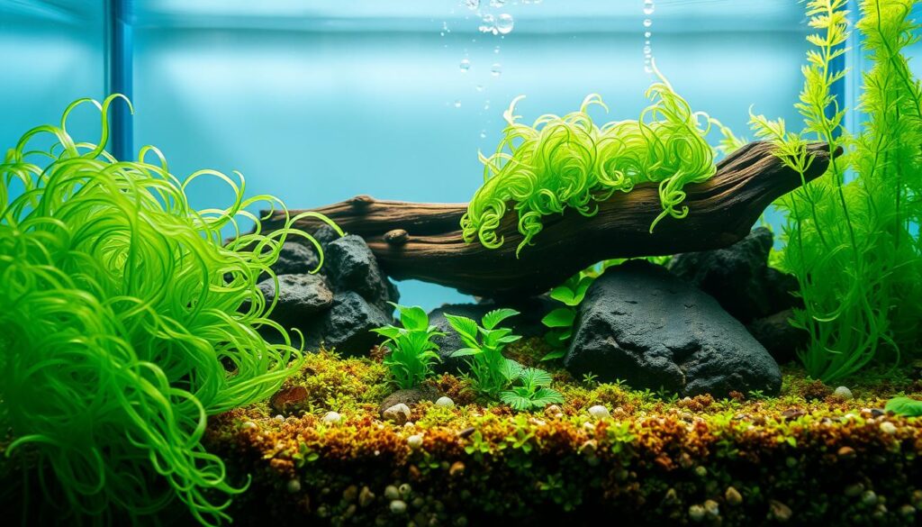 A vibrant underwater scene depicting various types of algae in a small planted aquarium. In the foreground, clusters of green filamentous algae entwined around the decorative rocks and driftwood, showcasing their texture and delicate details. The middle ground features a lush substrate with small aquatic plants thriving amidst patches of algae, while tiny bubbles rise to the surface, enhancing the lively feel. In the background, soft, diffused lighting filters through the water, casting gentle shadows and highlighting the diversity of colors—from deep greens to soft browns—creating a serene and educational atmosphere. The overall mood should be calm and inviting, emphasizing the natural beauty and complexity of aquatic ecosystems, suitable for understanding algae's role in planted tanks.