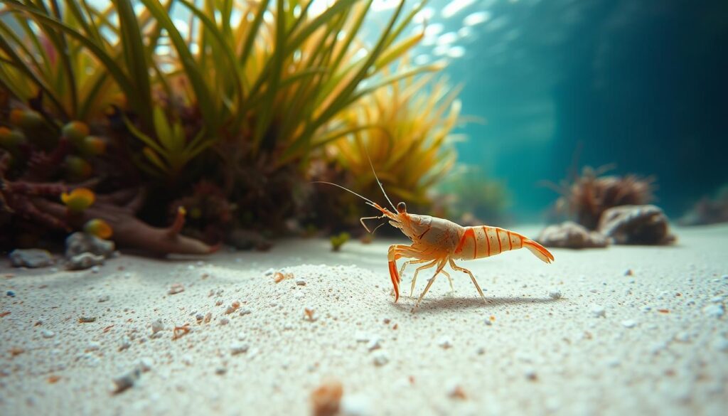 A vibrant underwater scene featuring a close-up of a shrimp, its delicate exoskeleton being prepared for molting. In the foreground, the shrimp is perched on a smooth, sandy substrate surrounded by scattered tiny particles of calcium-rich sources such as crushed coral and mineral deposits. The middle ground showcases a rich array of aquatic plants, providing a lush habitat. The background includes soft, diffused lighting filtering through water, creating a serene and nurturing atmosphere. Use a macro lens effect to highlight the textures of the shrimp and the small granules of calcium. The overall mood should evoke a sense of care and vitality, emphasizing the importance of calcium in the shrimp's natural habitat for successful molting.