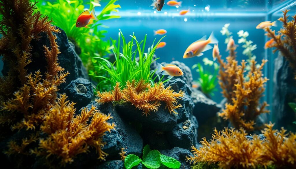 A vibrant underwater scene showcasing a small planted tank filled with various aquatic plants and colorful fish. In the foreground, several types of algae are prominently displayed on the tank glass and on the substrate, allowing for clear identification. The middle layer features healthy green plants alongside patches of brown and green algae. In the background, soft, diffused lighting enhances the colors of the tank, creating a serene and educational atmosphere. The composition should capture the intricate details of the algae's textures and colors, with a macro lens effect emphasizing their uniqueness. Ensure the overall mood is calm and informative, suitable for a nature-focused article.