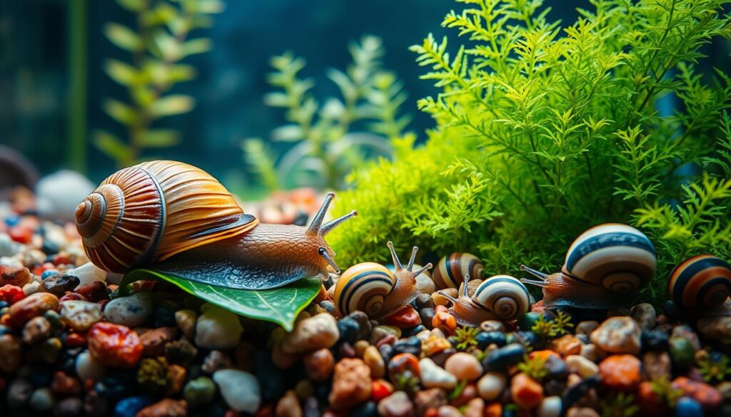 A vibrant underwater scene showcasing a variety of aquarium snails gracefully crawling over colorful gravel and lush aquatic plants. In the foreground, a large, intricately patterned apple snail glides slowly across a leaf, its glossy shell reflecting light. Nearby, smaller nerite snails with distinctive striped shells are nestled among pebbles. The middle ground features delicate moss and vibrant green ferns, creating a lush environment, while the background consists of softly diffused light filtering through the water, creating a serene, tranquil atmosphere. The overall composition is vivid and vibrant, emphasizing the beauty and intricacy of these small creatures, captured with a close-up lens to highlight their textures and colors, set in a standard aquarium environment.