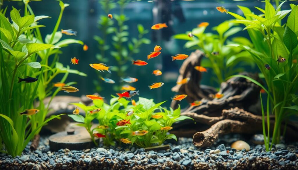 A vibrant underwater scene showcasing a variety of nano fish species suited for a soft water tank. In the foreground, colorful tiny fish like neon tetras, guppies, and dwarf rasboras gracefully swim among lush green aquatic plants with delicate leaves, showcasing their vivid colors. The middle ground features a well-maintained aquarium setting with smooth gravel and natural decorations like driftwood, creating a natural habitat atmosphere. In the background, soft lighting filters through the water, creating a serene, tranquil ambiance with gentle reflections on the tank's glass. The overall mood is peaceful and inviting, emphasizing the beauty and diversity of nano fish in an acidic and soft water environment, captured with a focus on clarity and detail.