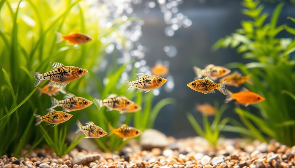 A vibrant underwater scene showcasing a variety of nano fish species swimming gracefully among lush aquatic plants. In the foreground, focus on a group of tiny, colorful fish with intricate patterns and delicate fins, such as the Pygmy Corydoras and Neon Tetra, emphasizing their small mouths and bellies. The middle ground features swaying green plants and small pebbles, providing a natural habitat. In the background, soft bubbles rise to the water’s surface, with a gentle play of light filtering down from above, creating a serene and lively atmosphere. Use soft, diffused lighting to enhance the colors of the fish and plants, captured with a macro lens from a slightly elevated angle to highlight the beauty of these tiny creatures in their habitat.