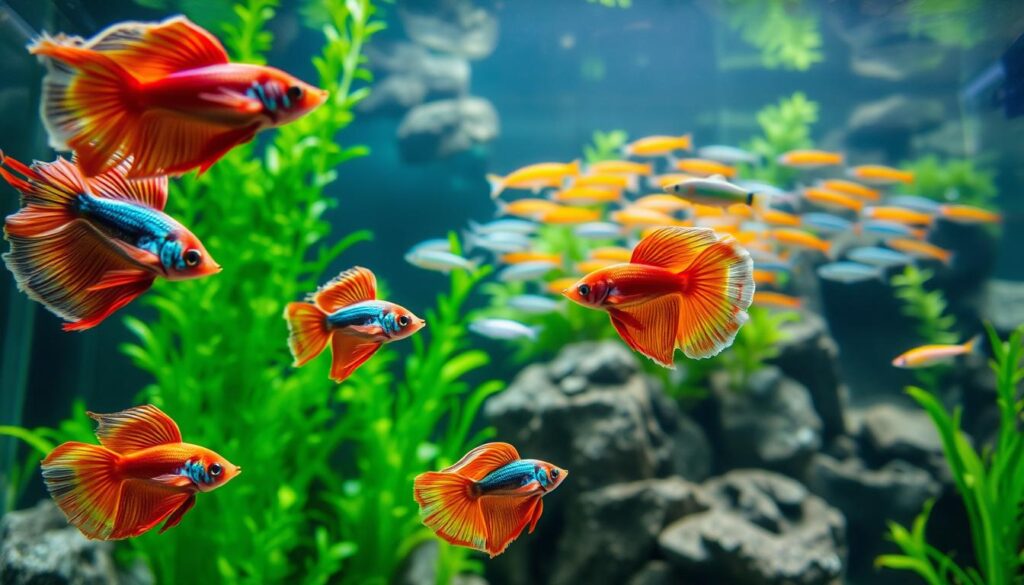 A vibrant underwater scene showcasing a variety of nano fish species that thrive in hard water conditions. In the foreground, several colorful Betta fish swim gracefully, displaying their flowing fins and vibrant colors, with sharp focus on their intricate details. In the middle ground, a school of neon tetras glides past, their iridescent bodies shimmering in the light. The background features a lush underwater landscape with green plants and rocky formations, reminiscent of natural habitats found in hard water environments. Soft, diffused lighting filters through the water, creating a calming atmosphere. The angle is slightly downward, as if peering into an aquarium, capturing the beauty and dynamism of these resilient fish species.
