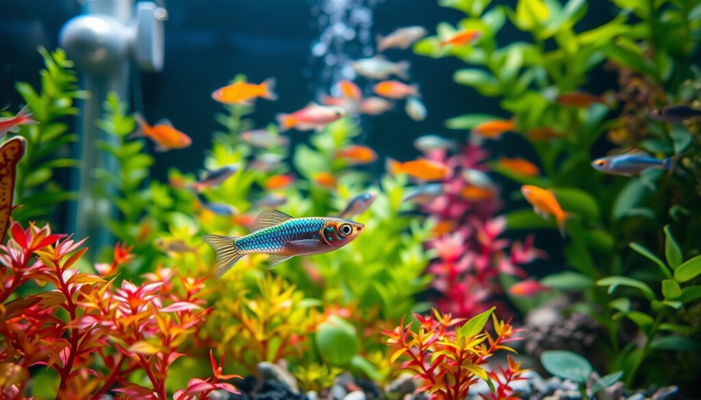 A vibrant underwater scene showcasing a variety of popular nano fish species, such as neon tetras, guppies, and cherry shrimp, swimming gracefully amidst lush aquatic plants. In the foreground, a close-up of a neon tetra, its iridescent scales shimmering as it navigates through colorful aquatic foliage, conveying vitality. The middle ground features a diverse school of guppies darting around, with contrasting colors enhancing visual interest. The background reveals a well-maintained nano aquarium setup with soft, filtered light cascading through the water, creating a serene and peaceful atmosphere. The scene captures the essence of aquatic life, emphasizing the environmental factors influencing fish lifespan, such as water quality and habitat richness. Use a slight depth of field to focus on the fish while softly blurring the background plants and aquarium structure.