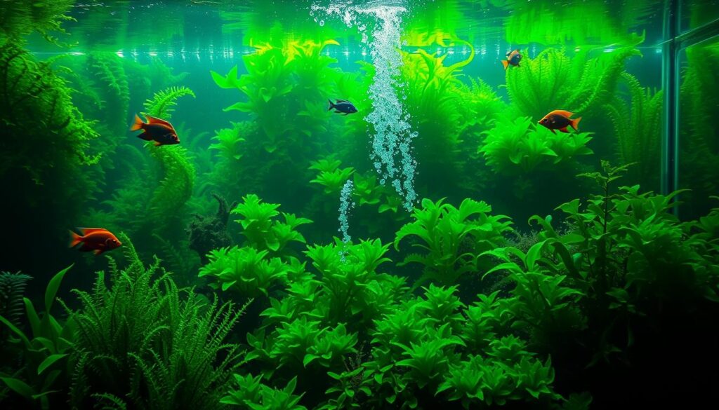 A vibrant underwater scene showcasing an aquarium experiencing an algae bloom, with a rich variety of green hues. In the foreground, healthy aquatic plants and colorful fish swim playfully among the velvety green algae, illustrating the imbalance. The middle ground features swirling, thick patches of algae, with clusters of small air bubbles rising through the murky water, adding texture. In the background, subtle light filtering through the water creates a soft glow, revealing the aquarium’s glass sides and the reflections of light dancing on the surface. The overall atmosphere is a blend of beauty and chaos, inviting curiosity and concern, while emphasizing the need for understanding and management of algae blooms. The angle should reflect a slightly elevated view, capturing the entire aquarium layout without any distractions.
