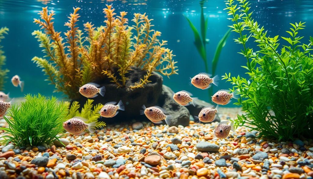 A vibrant underwater scene showcasing the natural habitat of dwarf puffer fish, also known as pea puffers. In the foreground, several small dwarf puffer fish with their characteristic round bodies and spotted patterns are swimming playfully among lush aquatic plants like Java moss and riccia. The middle ground features colorful gravel and smooth pebbles, providing a comfortable substrate for these fish. In the background, soft light filters through the water, creating a serene atmosphere with shimmering effects. The scene is illuminated with gentle, dappled sunlight to enhance the colors of the fish and plants, conveying a sense of tranquility. The overall mood should be calm and inviting, reflecting the unique needs of dwarf puffers in their environment. A vibrant underwater scene showcasing the natural habitat of dwarf puffer fish, also known as pea puffers. In the foreground, several small dwarf puffer fish with their characteristic round bodies and spotted patterns are swimming playfully among lush aquatic plants like Java moss and riccia. The middle ground features colorful gravel and smooth pebbles, providing a comfortable substrate for these fish. In the background, soft light filters through the water, creating a serene atmosphere with shimmering effects. The scene is illuminated with gentle, dappled sunlight to enhance the colors of the fish and plants, conveying a sense of tranquility. The overall mood should be calm and inviting, reflecting the unique needs of dwarf puffers in their environment.