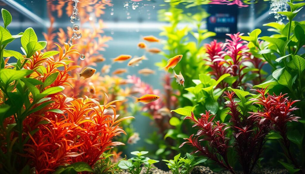 A vibrant underwater scene showcasing the role of liquid fertilizers in aquatic ecosystems. In the foreground, colorful aquatic plants exhibit lush growth, with droplets of liquid fertilizer visibly enriching their leaves. In the middle ground, a school of small fish swim among the plants, illustrating a healthy and balanced ecosystem. The background features a well-maintained nano tank, with clear water that reflects soft, natural lighting filtering from above, creating a serene and uplifting atmosphere. Use a wide-angle lens to capture the depth of the tank, focusing on the interaction between the plants and fish, highlighting the essential relationship fostered by liquid fertilizers in promoting aquatic life without algae spikes. The overall mood conveys harmony and vitality within the aquatic environment.