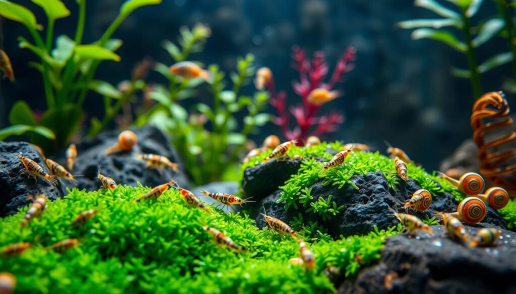 A vibrant underwater scene showcasing various nano-sized algae-eating species, such as tiny shrimp, snails, and fish, actively grazing on lush green algae on rocks and plants in a well-maintained planted tank. In the foreground, detailed close-ups of an entourage of colorful, miniature shrimp with intricate patterns can be seen feeding while delicate, spiraling snails glide alongside them. The middle ground features an assortment of aquatic plants, their leaves shimmering under soft, diffused lighting that simulates natural sunlight filtering through water. The background is an enticing blur of murky water, creating a serene, tranquil atmosphere. Use a macro lens angle to emphasize the textures and colors, with a gentle depth of field to draw attention to the algae eaters while maintaining an inviting, clean ambiance.