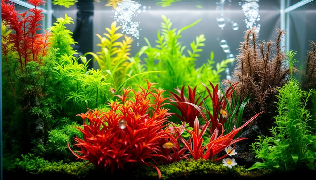 A vibrant, well-maintained nano aquarium showcasing a variety of lush, easy-to-care-for live plants. In the foreground, colorful aquatic plants like Java moss, Anubias, and dwarf hairgrass are gracefully swaying, their rich greens contrasting beautifully with the water’s surface. The middle ground features a small, tranquil school of neon tetras swimming amongst the plants, emphasizing the liveliness and health of the ecosystem. The background is softly illuminated, creating a dreamy atmosphere with gentle rays of light filtering through the water, highlighting bubbles rising to the surface. The scene is shot from a slightly elevated angle, providing a clear view of the vibrant colors and textures, evoking a sense of tranquility and natural beauty in aquatic life.