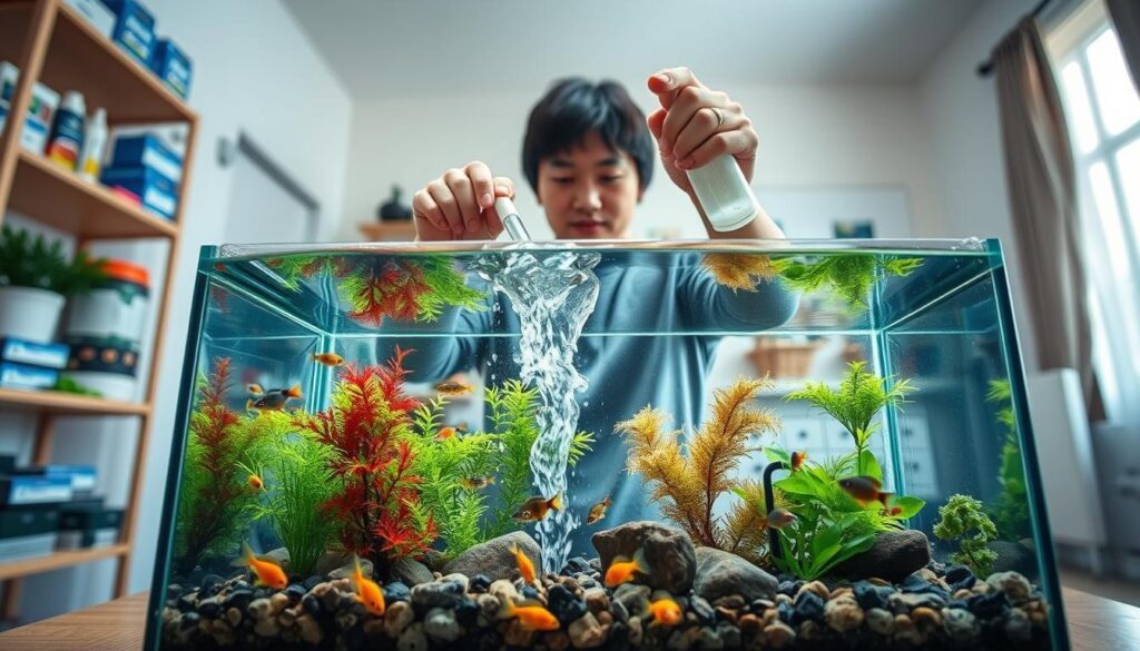 A vibrant, well-maintained nano fish tank occupies the foreground, showcasing a variety of small, colorful fish swimming among lush aquatic plants and pebbles. In the middle, a person in modest casual clothing is actively performing a water change, using a siphon and water conditioner, demonstrating proper tank maintenance techniques. The background features a well-lit, clean room with shelves of fish care supplies and a soft glow from a nearby window, illuminating the scene with natural lighting. The atmosphere is calm and focused, emphasizing the importance of proper tank upkeep for fish health. The camera angle is slightly above eye level, providing a clear view of the tank and the maintenance activity.