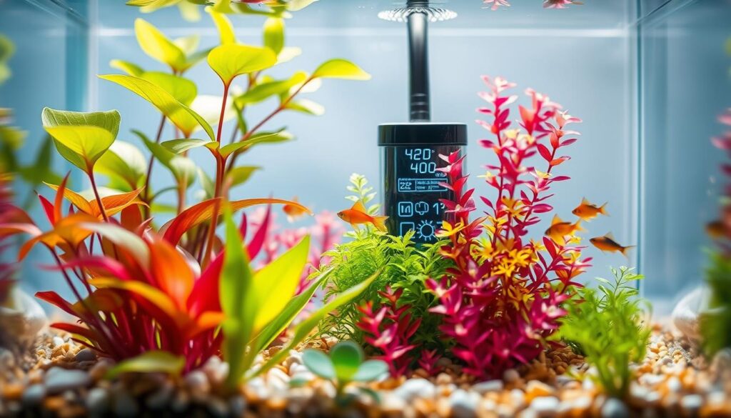 A visually captivating nano aquarium featuring a sophisticated filtration system, showcasing the balance between technology and nature. In the foreground, vibrant aquatic plants sway gently in the water, with fine details on leaves capturing the light. The middle ground highlights a sleek, modern filter that brings clarity, illustrating water movement while not disturbing the tiny fish swimming amidst the greenery. The background consists of soft, blurred pebbles and a subtle gradient of blues, mimicking the depths of an underwater habitat. Bright, natural lighting enhances the colors and reflects off the water surface, creating a serene ambiance, while a slight depth of field focuses on the filter, emphasizing its importance in maintaining a healthy ecosystem for nano inhabitants.