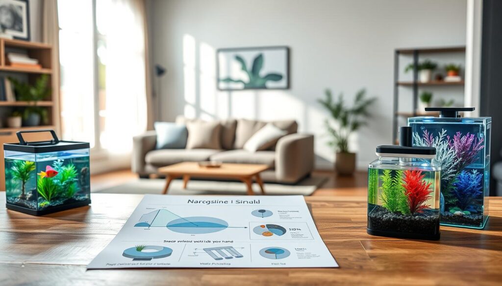 A visually engaging composition showcasing factors to consider when selecting a nano tank for aquariums. In the foreground, display a variety of stylish nano tanks with vibrant aquatic life, highlighting elements like tank size, filtration systems, and lighting options. The middle ground features diagrams or infographics illustrating key considerations such as space availability, water parameters, and plant choices, showcased on a wooden table for a natural feel. In the background, introduce a soft-focus view of a cozy living room with natural light streaming in through a window, casting gentle shadows to create a tranquil atmosphere. The mood should be educational yet inviting, encouraging viewers to explore the beauty and practicality of nano tanks in small spaces.