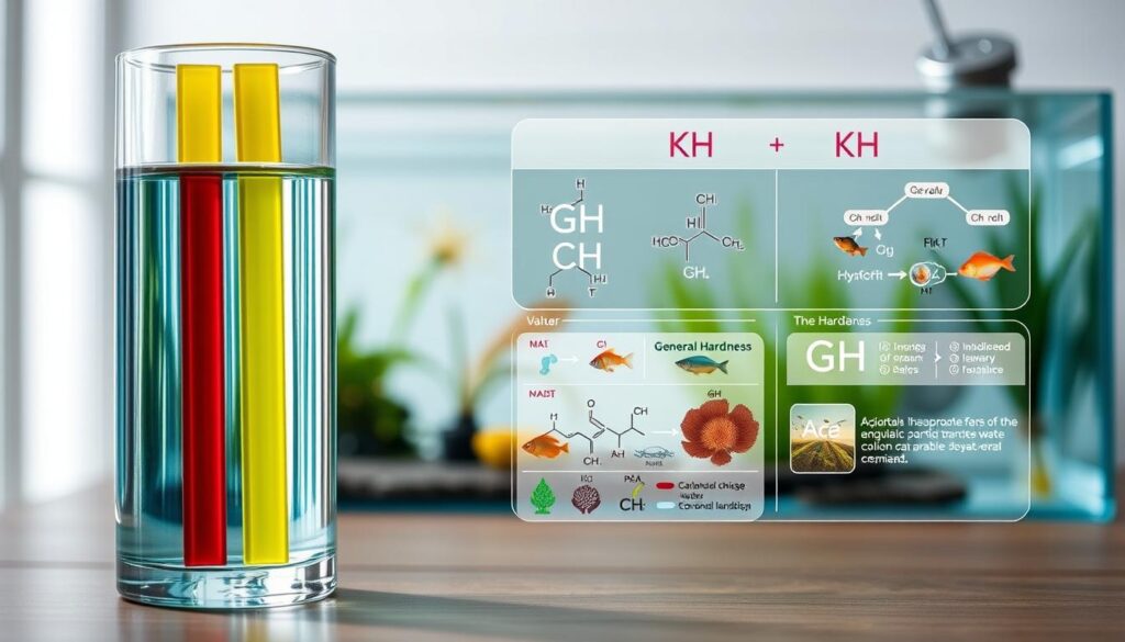 A visually engaging illustration defining GH (General Hardness) and KH (Carbonate Hardness) as essential parameters for water chemistry in small aquatic environments. In the foreground, prominently displayed, high-tech laboratory glassware filled with clear aqua-blue water, with colorful test strips/sticks indicating different levels of hardness. In the middle ground, a detailed infograph showcasing the chemical compositions of GH and KH, with molecular structures and images of aquatic life like fish and plants that depend on stable water chemistry. In the background, soft-focus imagery of a serene small aquarium, diffuse natural lighting creating a calm, scientific atmosphere. Capture the mood of exploration and understanding, emphasizing clarity and professionalism, ensuring no text or annotations disrupt the visual.