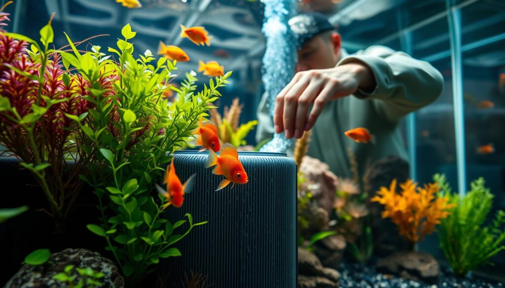 A visually engaging scene showcasing the importance of regular filter cleaning in an aquarium setting. In the foreground, a close-up view of vibrant, healthy aquatic plants and colorful fish swimming near a clean filter, illustrating a thriving ecosystem. In the middle ground, a person in modest casual clothing is attentively cleaning a filter with a gentle touch, ensuring beneficial bacteria are preserved. The background features a well-maintained aquarium with clear water, inviting textures, and soft ambient lighting that highlights the natural colors of the fish and plants. A warm, inviting atmosphere conveys the sense of care and responsibility in maintaining a healthy aquarium environment, with a focus on the intricate balance of life within. Use a wide-angle lens to capture depth and detail, ensuring the focus remains on the filter and the person’s careful actions.