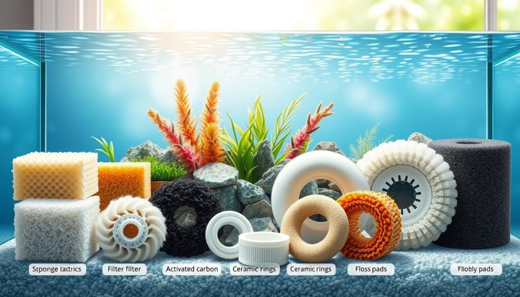 A visually informative illustration showcasing various types of filter media for aquariums, prominently displayed in the foreground. Include a selection of filter types such as sponge filters, activated carbon, ceramic rings, and floss pads. Each type of media should have a brief, clear depiction showing texture and structure, with labels subtly integrated. In the middle layer, incorporate an assortment of aquarium elements, like plants and gravel, to create context, alluding to a clean and healthy aquatic environment. The background should feature soft-focus, shimmering water ripples to enhance the aquatic atmosphere, illuminated by gentle, natural light coming from a nearby window. The overall mood should be educational and inviting, ideal for readers interested in aquatic health and maintenance.