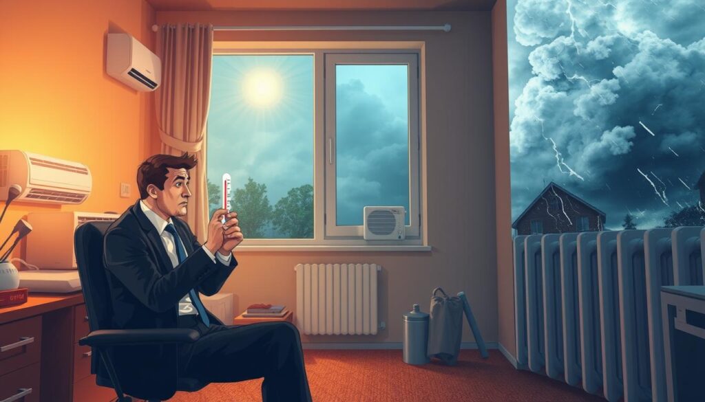A visually striking illustration depicting the health risks of temperature swings in small living spaces. In the foreground, a concerned individual dressed in professional attire is seated at a desk, looking at a thermometer with a worried expression, highlighting the personal impact of temperature fluctuations. The middle ground features a small, cluttered room with a visible air conditioning unit and radiators, showcasing the extremes of hot and cold. In the background, a window reveals dramatic weather changes outside—sunshine on one side and storm clouds on the other—symbolizing rapid temperature shifts. Soft, ambient lighting casts a warm glow on the indoor scene, contrasting with the cooler tones visible through the window, creating a tense yet informative atmosphere.