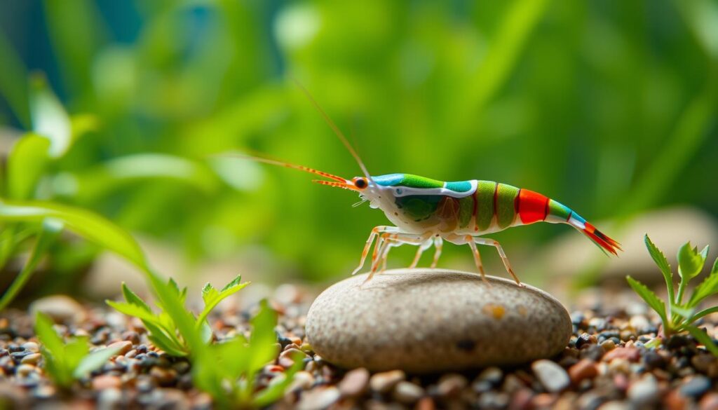 A vivid close-up of a Neocaridina shrimp species, showcasing its vivid color variations like red, blue, and green, with intricate detailing on its shell patterns and antennae. In the foreground, the shrimp is perched on a small pebble, surrounded by lush green aquatic plants and fine gravel. The middle ground features a gentle blur of water, capturing the shrimp in its natural habitat, while the background fades into a soft focus of slightly darker aquatic vegetation to create depth. The lighting is bright and natural, simulating sunlight filtering through water, highlighting the shrimp's vibrant colors and delicate features. The mood is tranquil and educational, inviting viewers to appreciate the beauty of freshwater shrimp within their ecosystem.