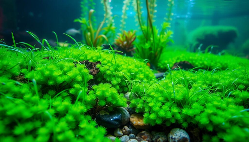 A vivid underwater scene showcasing aquatic moss in a lush, vibrant aquarium. In the foreground, clusters of bright green, velvety aquatic moss create a dense carpet covering the substrate, with delicate tendrils swaying gently in the water current. The middle ground features various aquatic plants and small pebbles nestled among the moss, adding texture and depth. In the background, soft, diffused light penetrates the water, illuminating the scene and casting gentle shadows. A few small fish swim playfully through the moss, enhancing the aquatic ambiance. The mood is serene and natural, evoking a sense of tranquility and ecological beauty, ideal for showcasing the unique qualities and advantages of aquatic moss in creating natural aquatic environments.