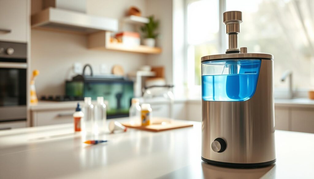 A water conditioner placed prominently in the foreground, showcasing its sleek, modern design with a clear reservoir filled with a softly glowing blue liquid. In the middle ground, a softly lit kitchen countertop features scattered aquarium supplies, such as a nano tank, dechlorinating drops, and a measuring cylinder, all evoking a sense of caring for aquatic life. The background is a softly blurred view of a bright, airy kitchen with natural light coming through a window, imparting a clean and welcoming atmosphere. The scene captures a sense of tranquility and purpose, with warm and cool tones blending harmoniously. The angle is slightly above eye level, allowing a clear view of the water conditioner and its surroundings, enhancing the image's informative quality.