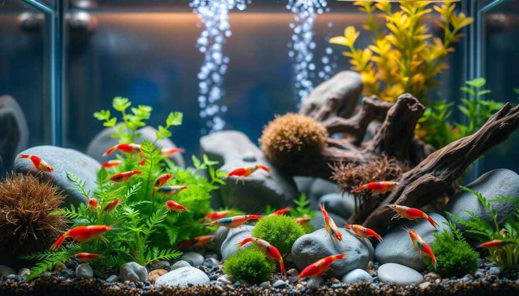 A well-crafted shrimp tank setup featuring a vibrant and natural habitat for Neocaridina shrimp. In the foreground, a crystal-clear aquarium filled with colorful freshwater shrimp, including red cherry and blue velvet variations, foraging among lush aquatic plants like Java moss and anubias. The middle background shows decorative elements like smooth stones and driftwood, providing hiding spots and enhancing the natural aesthetic. The background includes a softly lit planted tank with a hint of bubbles rising, illuminated by a gentle, warm light source, casting reflections on the glass. The scene conveys a tranquil and inviting atmosphere, perfect for showcasing a thriving shrimp environment. The composition is shot at eye level, with a focus on clarity and depth of field to emphasize the lively shrimp activity.