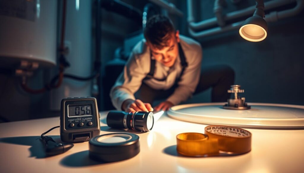 A well-lit scene depicting a plumber in professional attire inspecting a tank seal for leaks, focused on specific tools used for leak detection. In the foreground, showcase a variety of equipment: a moisture meter, plumber's tape, and a flashlight, all meticulously arranged on a clean surface. In the middle ground, the plumber is kneeling beside a water tank, closely examining the seal with a concentrated expression. The background should feature a dimly lit utility room, adding to the atmosphere of careful inspection, with pipes visible and a soft, ambient glow illuminating the scene. Capture the seriousness of the task, emphasizing safety and professionalism, with a slight depth of field to draw attention to the tools and the plumber's actions.