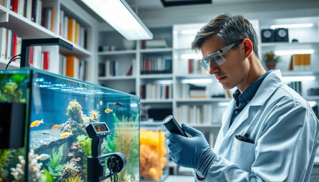 A well-lit scientific laboratory setting illustrating the concept of "Preventing Old Tank Syndrome." In the foreground, a researcher in a white lab coat, wearing safety goggles and gloves, is closely examining a modern, high-tech nano tank filled with vibrant, healthy aquatic life. The middle ground features various diagnostic tools and measurement devices assessing tank conditions, highlighting the importance of proactive monitoring. In the background, illuminated shelves filled with books on marine biology and environmental science create an atmosphere of study and innovation. The lighting is bright yet soft, creating a clean and professional mood. The angle is slightly from above, giving a comprehensive view of the entire scene while emphasizing the researcher's engagement with the tank.