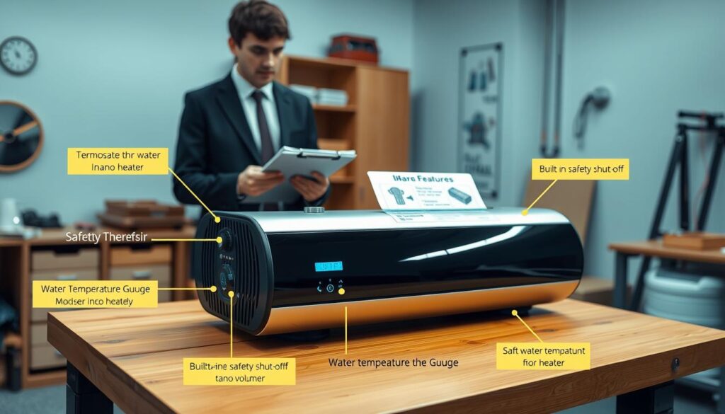 A well-lit workspace featuring a sleek, modern nano heater on a wooden workbench. In the foreground, the nano heater is depicted with clear labels on its safety features, highlighting the thermostat, water temperature gauge, and built-in safety shut-off. In the middle ground, a professional in business attire is observing the nano heater, taking notes and reviewing safety tips displayed on a clipboard. The background shows a faint image of a small water tank, emphasizing the context of small water volumes. Soft, diffused lighting creates a clear, informative atmosphere, while the angle is slightly overhead, showcasing both the heater's design and the user's engagement with it. The overall mood is one of professionalism and safety awareness.