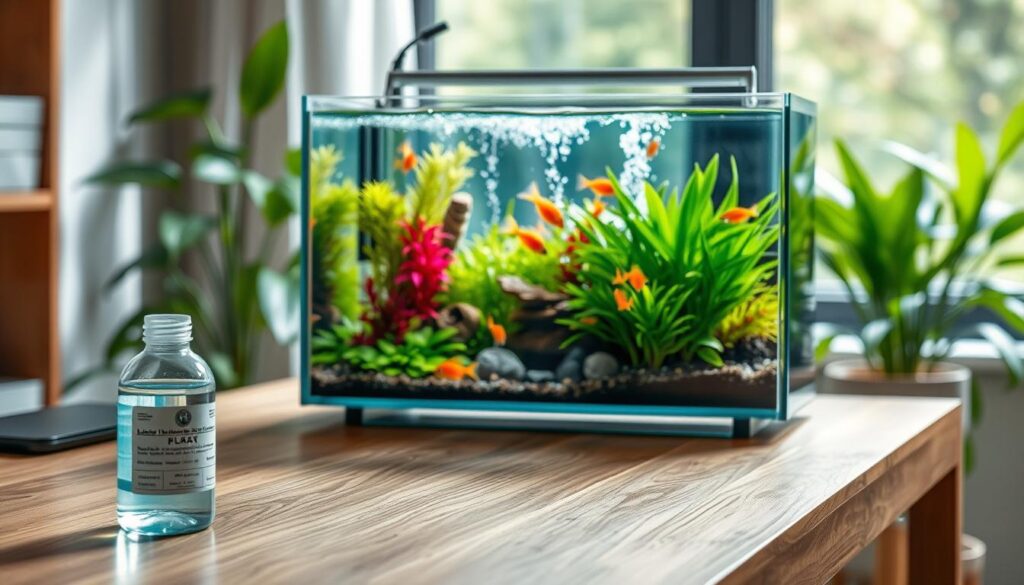 A well-maintained nano tank set up on a modern wooden desk, showcasing a vibrant aquascape filled with lush, healthy aquatic plants and colorful small fish. In the foreground, display a small bottle of liquid fertilizer, emphasizing its importance in nutrient dosing. The middle ground should feature a detailed view of the nano tank, with crystal-clear water, a gentle filter flow, and bubbles rising to the surface. In the background, softly blurred greenery and natural light filtering through a nearby window creates a serene, inviting atmosphere. The scene should capture the essence of tranquility and the care needed for maintaining a thriving nano environment, using soft natural lighting to enhance the colors and details of the tank and its inhabitants.