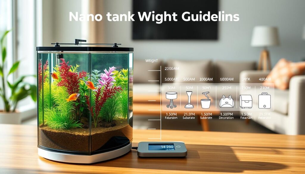 A well-organized and informative illustration focused on “nano tank weight guidelines.” In the foreground, a sleek, modern nano aquarium is prominently displayed, filled with colorful aquatic plants and small fish, emphasizing the delicate balance of weight and design. The middle section features a scale with labeled weight categories for various nano tanks, alongside various aquarium components like substrate, filter, and decorations for context. In the background, a cozy living room setting with sturdy furniture, subtly suggesting the importance of weight considerations. Soft, natural lighting creates a warm atmosphere, highlighting the aquarium's glossy surfaces. The angle is slightly elevated, giving an overview that showcases the tank and the scale in a professional, inviting manner.