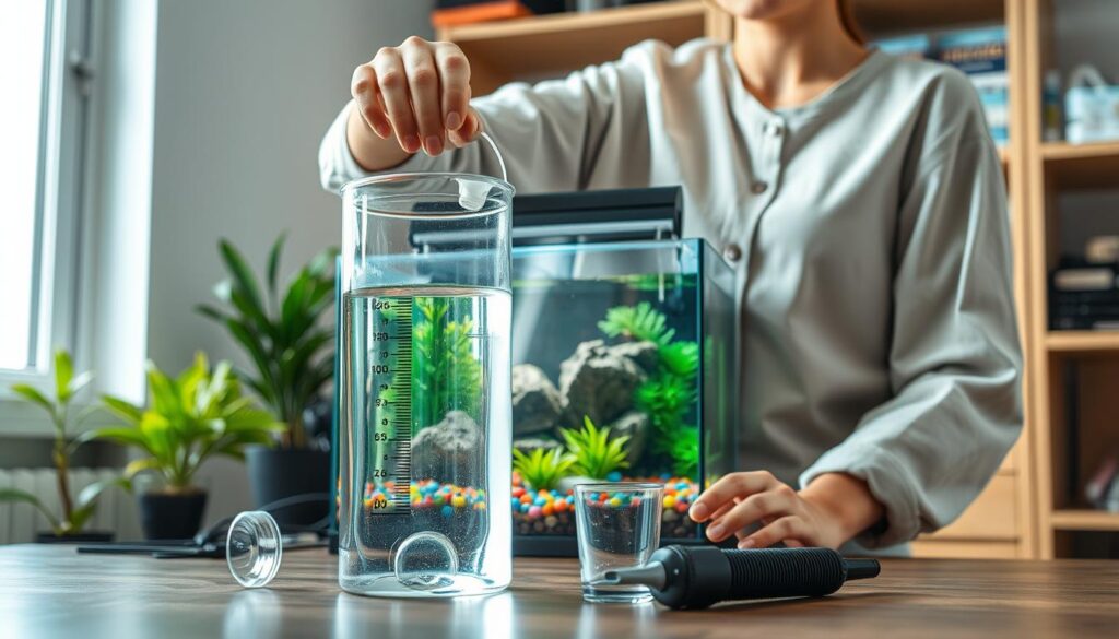 A well-organized and tidy aquarist’s workspace, showcasing a person dressed in modest casual clothing, preparing for water refilling into a nano tank. In the foreground, a clear, carefully labeled water container sits ready to be filled, while tools like a siphon and measuring cup are neatly arranged beside it. The middle layer features the nano tank itself, beautifully aquascaped with vibrant green plants and colorful pebbles, reflecting the light. The background includes shelves lined with aquarium supplies, softly lit by natural light streaming in through a nearby window, creating an inviting and productive atmosphere. The scene conveys a sense of focus and care essential for maintaining an aquarium's balance.