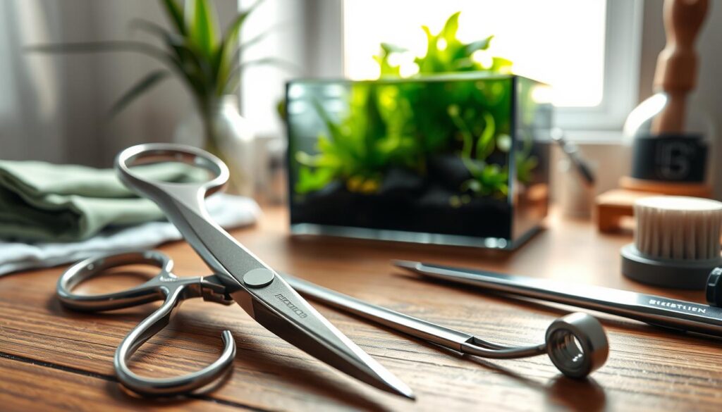 A well-organized aquascaping tool setup showcasing a nano tank’s essential care instruments in a serene atmosphere. In the foreground, gleaming stainless steel scissors and tweezers with precision tips, sitting on a wooden surface, slightly angled for depth. The middle ground features a small, elegantly arranged nano tank filled with lush aquatic plants, with reflections of light dancing on its surface. The background should include soft-focus images of cleaning supplies like soft cloths and brushes. Natural sunlight streams through a nearby window, casting gentle shadows, enhancing the tranquil ambiance. The overall mood is one of meticulous care and professionalism, highlighting the importance of maintaining tools for aquascaping.