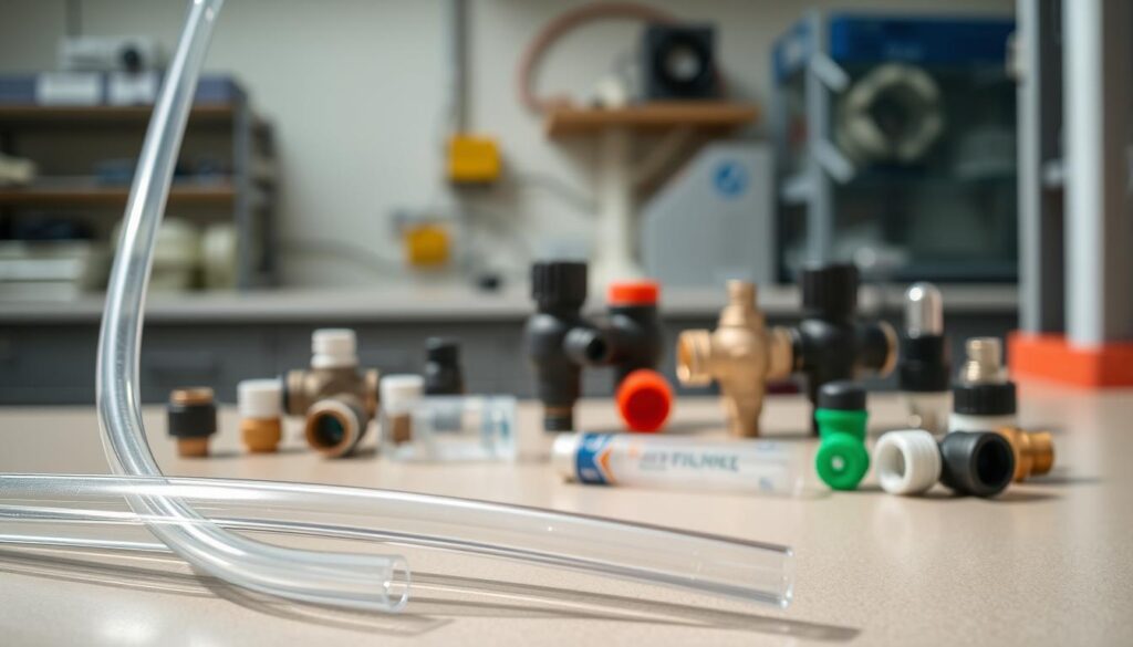 Airline tubing materials displayed in a detailed and informative manner, focusing on various types of clear and colored tubing, connectors, and fittings. In the foreground, showcase a close-up view of flexible PVC tubing, with glistening surfaces indicating clarity and cleanliness. In the middle ground, arrange a set of connectors and valves, emphasizing their intricate designs and functionality, all set against a smooth, neutral-colored work surface. The background should feature a blurred out laboratory or workshop setting, subtly hinting at a professional environment. Natural lighting should illuminate the scene, creating soft shadows for depth, while a slight overhead angle adds a dynamic perspective. The overall mood is technical and instructive, suitable for an educational context.