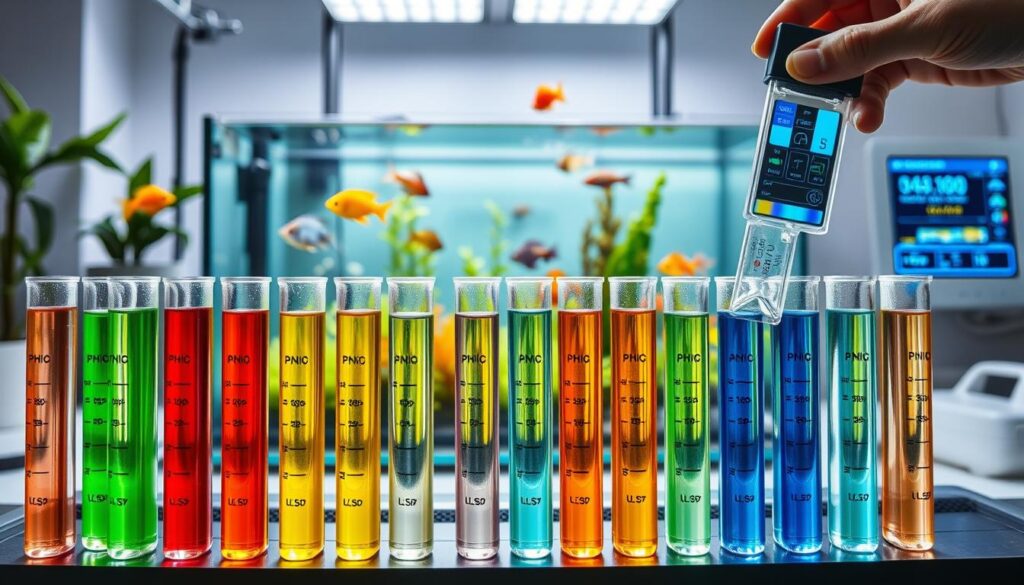 An aquarium laboratory setting featuring essential water parameters for testing. In the foreground, display an array of colorful test tubes filled with samples of aquarium water, each labeled with parameters like pH, ammonia, nitrite, and nitrate. The middle ground showcases a sleek, modern aquarium housing vibrant fish species, with submerged plants creating a natural environment. In the background, a digital monitor displays water quality data for reference, along with a hand holding a testing kit, exemplifying a professional analysis process. Utilize soft, natural lighting to create a calm, serene atmosphere. Capture the scene from a slightly elevated angle to provide depth and clarity, emphasizing the importance of understanding water parameters in aquarium care.
