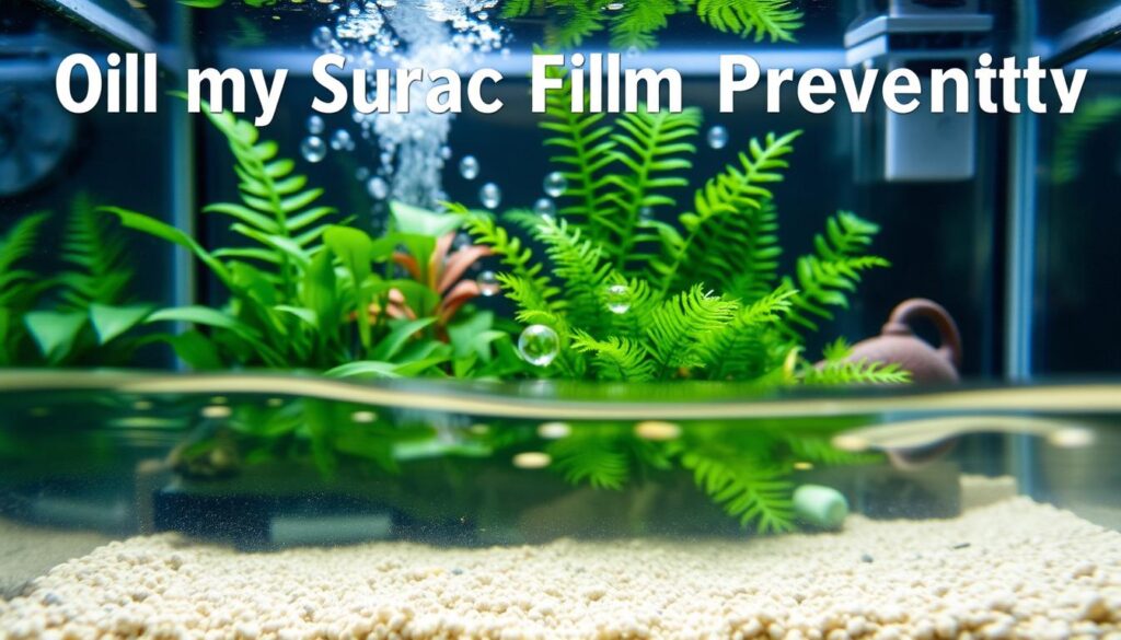 An aquarium scene depicting oily surface film prevention, focusing on a small low-flow aquarium. In the foreground, a close-up of clear water with a slight sheen disrupted by gentle ripples, showcasing effective surface agitation. In the middle ground, a variety of aquatic plants, such as Anubias and Java Fern, are vibrant and healthy, with bubbles rising from a small air stone. The background features a serene aquarium setting with soft ambient lighting casting delicate reflections on the glass. Ensure the tank substrate and decorations are visible, emphasizing a well-maintained environment. The mood is calm and informative, illustrating the concept of surface film prevention effectively, with no distractions or text in the scene.